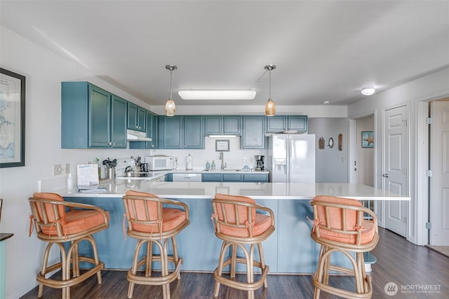 501 Shoreview Dr S Unit 204, Long Beach, WA 98631 - kitchen featuring a sink, dark wood finished floors, white appliances, under cabinet range hood, and light countertops