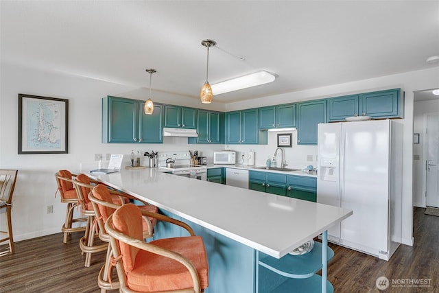 501 Shoreview Dr S Unit 204, Long Beach, WA 98631 - kitchen with under cabinet range hood, white appliances, light countertops, and dark wood-type flooring