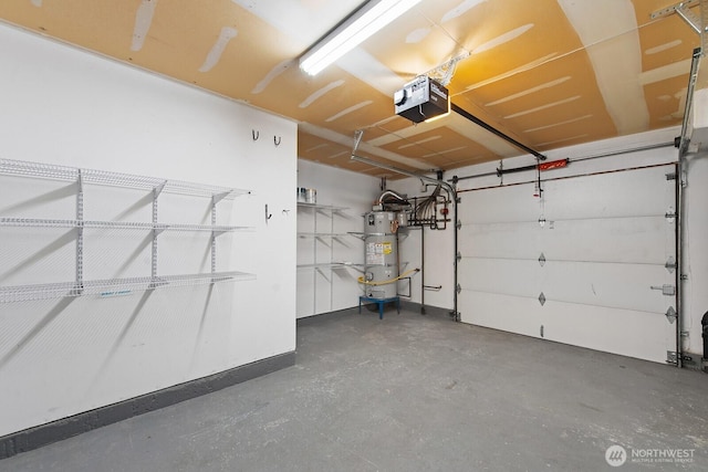 garage with a garage door opener and water heater