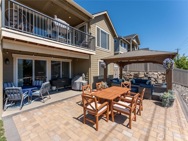 1974 Legendary Ln SE, East Wenatchee, WA 98802 - view of patio / terrace featuring an outdoor hangout area, a balcony, a gazebo, outdoor dining space, and fence