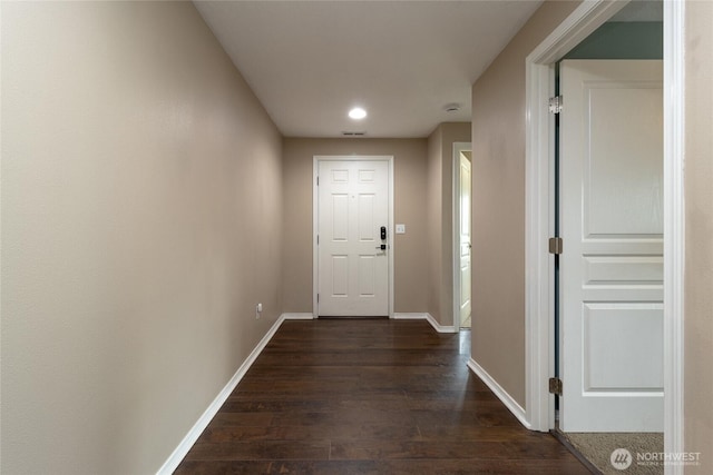 301 NE Danner Ln, College Place, WA 99324 - hall featuring baseboards, visible vents, recessed lighting, and dark wood-type flooring