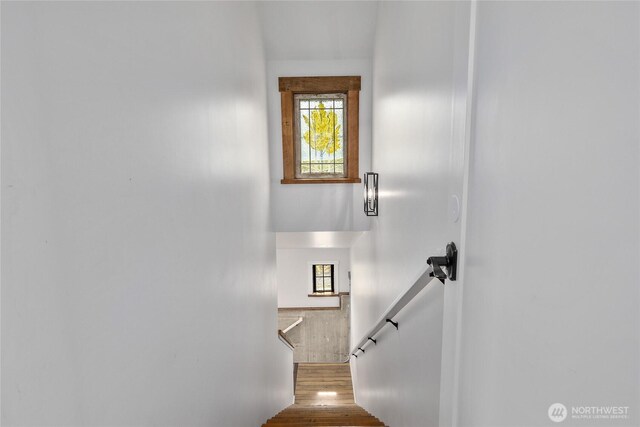 stairway with wood finished floors