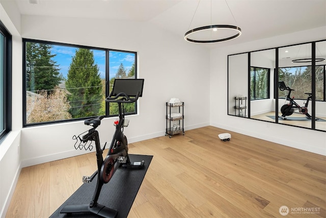 422 98th Ave NE, Bellevue, WA 98004 - exercise area with baseboards, vaulted ceiling, and wood finished floors