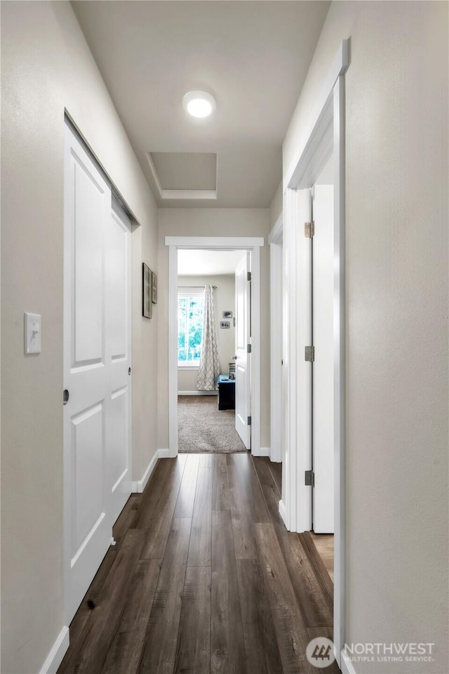 464 Dolphin Ave NE, Ocean Shores, WA 98569 - hall featuring baseboards, attic access, and dark wood-type flooring