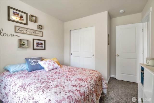 464 Dolphin Ave NE, Ocean Shores, WA 98569 - bedroom featuring baseboards, a closet, and dark carpet