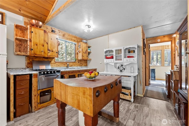 43 Arnica Ln, Twisp, WA 98856 - kitchen featuring open shelves, light wood-type flooring, light countertops, healthy amount of natural light, and a textured ceiling