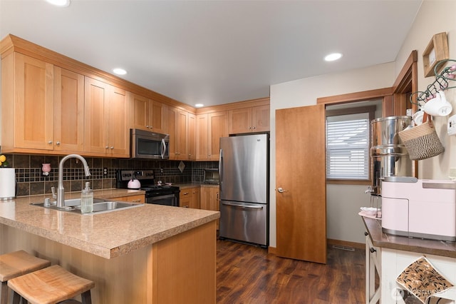 1630 Aaron Dr, Lynden, WA 98264 - kitchen with stainless steel appliances, a sink, a peninsula, backsplash, and dark wood-style floors