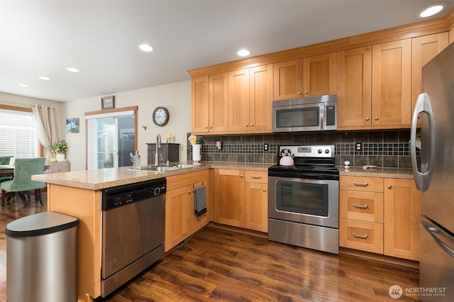1630 Aaron Dr, Lynden, WA 98264 - kitchen with appliances with stainless steel finishes, a sink, a peninsula, decorative backsplash, and recessed lighting
