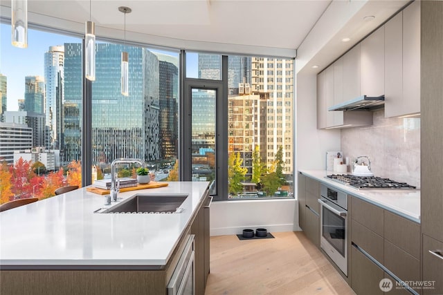 2510 6th Ave Unit 602, Seattle, WA 98121 - kitchen with stainless steel appliances, a skyline view, light wood-style floors, baseboards, and light countertops
