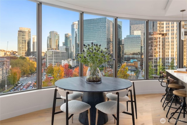 2510 6th Ave Unit 602, Seattle, WA 98121 - dining room with light wood-style flooring, baseboards, a skyline view, and healthy amount of natural light