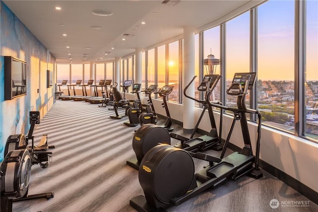 2510 6th Ave Unit 602, Seattle, WA 98121 - exercise room featuring expansive windows, carpet floors, baseboards, and recessed lighting