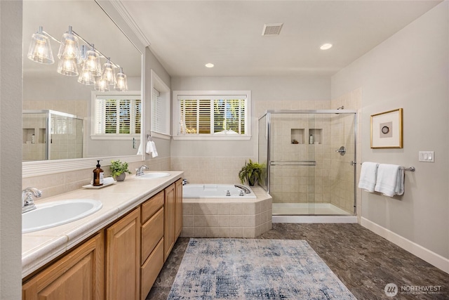 1893 Commodore Ln NW, Bainbridge Island, WA 98110 - full bath featuring a stall shower, a bath, double vanity, recessed lighting, and baseboards