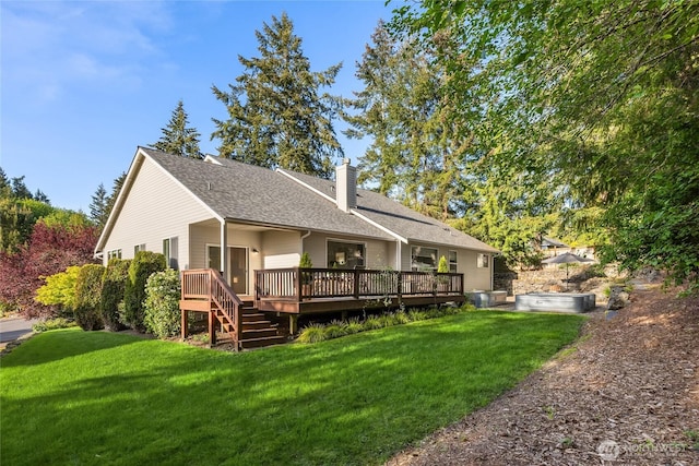 1893 Commodore Ln NW, Bainbridge Island, WA 98110 - rear view of property with a chimney, a wooden deck, a lawn, and a shingled roof