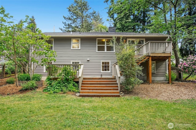 10515 NE 189th St, Bothell, WA 98011 - rear view of property featuring stairs, a deck, a chimney, and a lawn