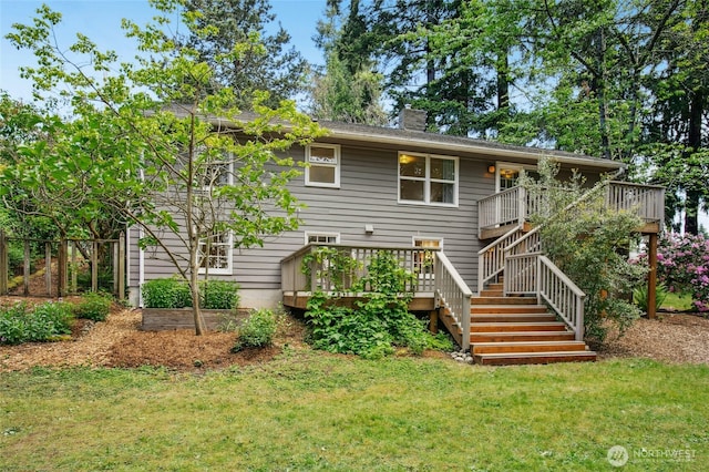 10515 NE 189th St, Bothell, WA 98011 - view of front of house featuring a wooden deck, stairs, and a chimney