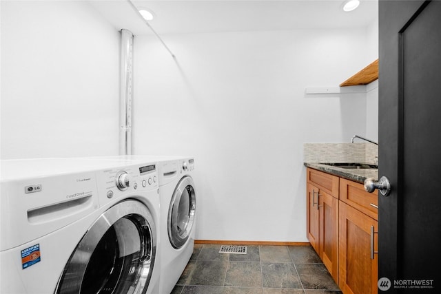 5107 23rd Ave W, Everett, WA 98203 - washroom with visible vents, cabinet space, a sink, baseboards, and washer and clothes dryer