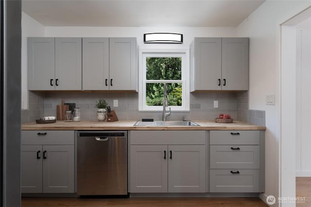 5310 Sunset Ave, Anacortes, WA 98221 - kitchen featuring stainless steel dishwasher, tasteful backsplash, gray cabinetry, and butcher block counters