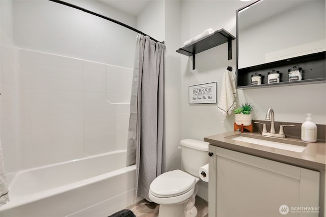 full bathroom with vanity, toilet, and shower / bath combination with curtain