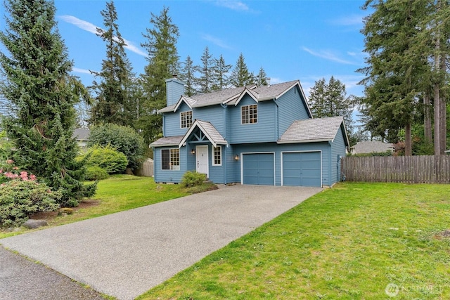 traditional-style home featuring fence, a chimney, aphalt driveway, and a front yard