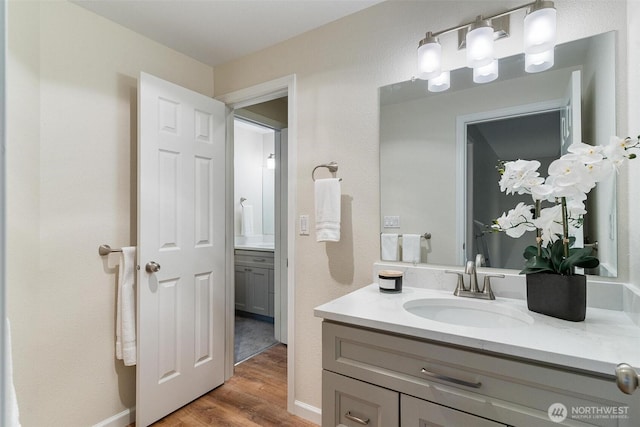 bathroom with vanity, baseboards, and wood finished floors