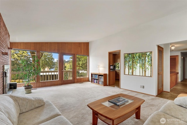 living area featuring baseboards, lofted ceiling, and light colored carpet