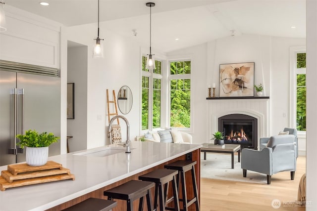 4815 Rosalind Rd NE, Bainbridge Island, WA 98110 - kitchen with a sink, built in fridge, light wood-style flooring, a warm lit fireplace, and a kitchen bar