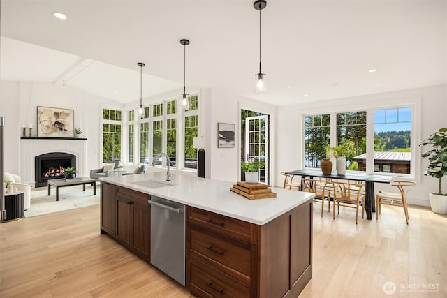 4815 Rosalind Rd NE, Bainbridge Island, WA 98110 - kitchen with dishwasher, a sink, light wood-type flooring, a lit fireplace, and recessed lighting
