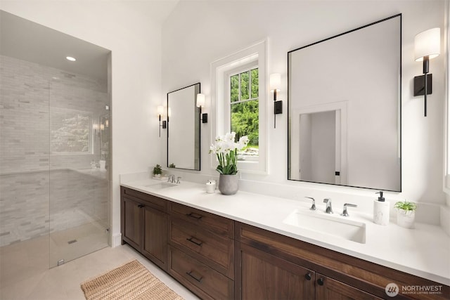 4815 Rosalind Rd NE, Bainbridge Island, WA 98110 - full bath featuring a stall shower, double vanity, and tile patterned flooring
