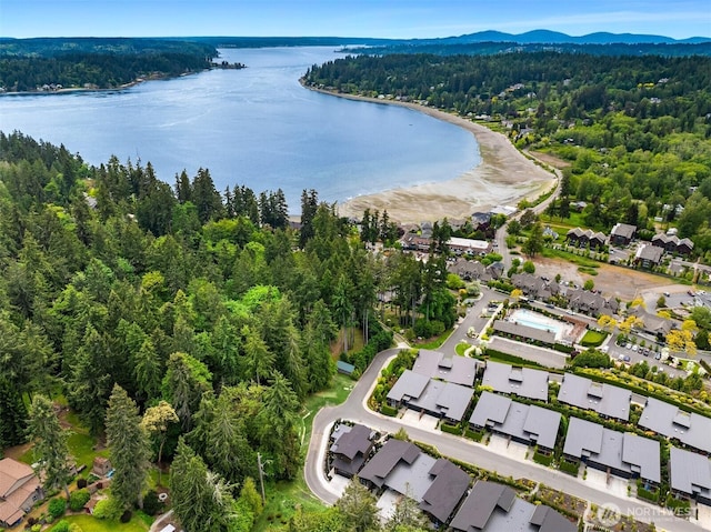 4815 Rosalind Rd NE, Bainbridge Island, WA 98110 - aerial overview of property's location with a heavily wooded area, a water and mountain view, and nearby suburban area