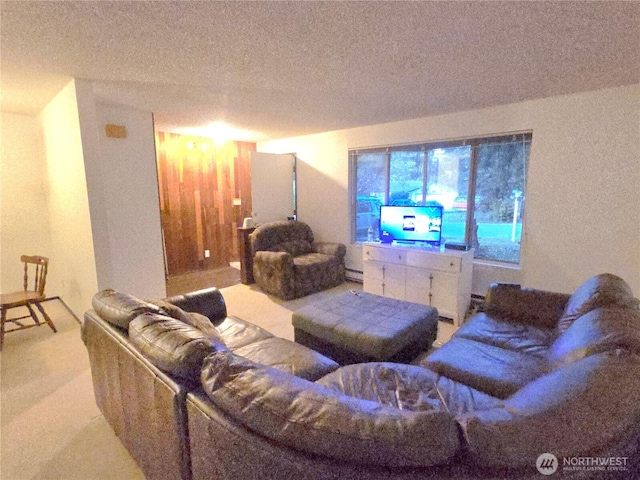 living area with carpet floors, a baseboard radiator, and a textured ceiling