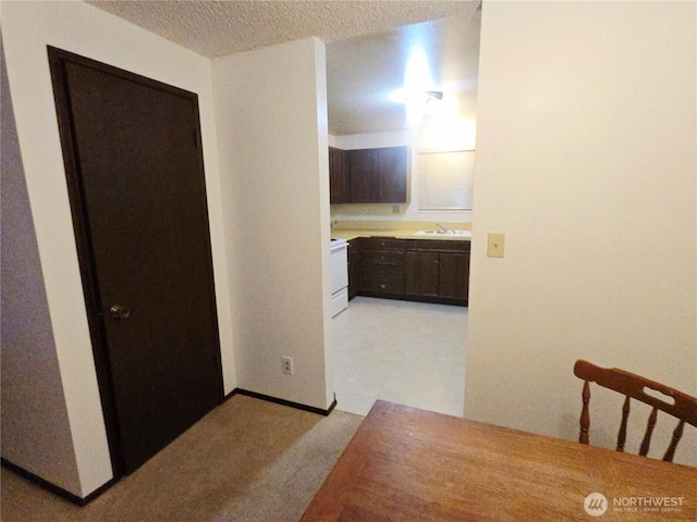 hallway with baseboards, a textured ceiling, light carpet, and a sink