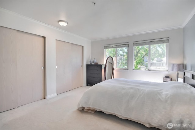 bedroom featuring ornamental molding, carpet, and two closets