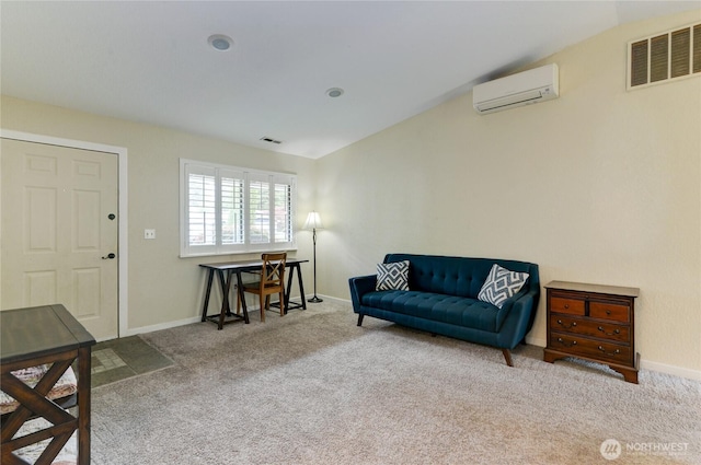 living area featuring a wall unit AC, carpet flooring, baseboards, and lofted ceiling
