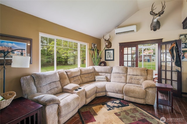 28405 59th Ave NE, Arlington, WA 98223 - living room featuring hardwood / wood-style floors, high vaulted ceiling, and a wall mounted AC