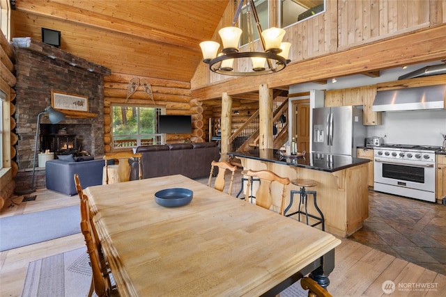 dining room with log walls, a chandelier, wood ceiling, high vaulted ceiling, and wood finished floors
