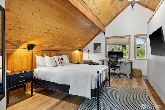 bedroom with wood finished floors, wood ceiling, and baseboards