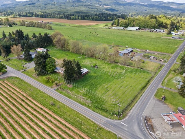 drone / aerial view with a mountain view and a rural view
