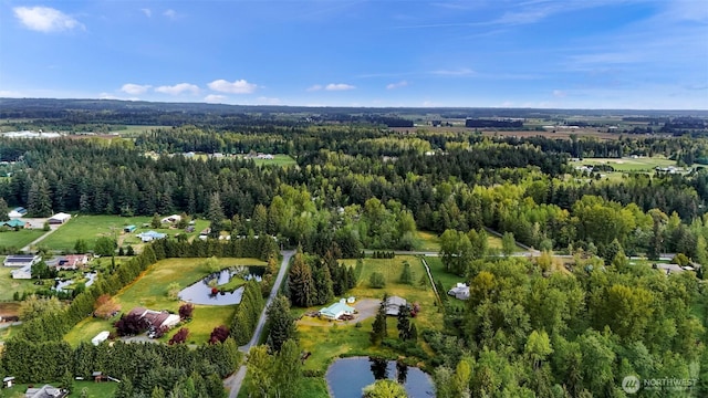 birds eye view of property featuring a water view and a view of trees
