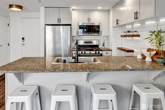 1420 Terry Ave Unit 603, Seattle, WA 98101 - kitchen with appliances with stainless steel finishes, tasteful backsplash, a peninsula, dark stone counters, and a sink