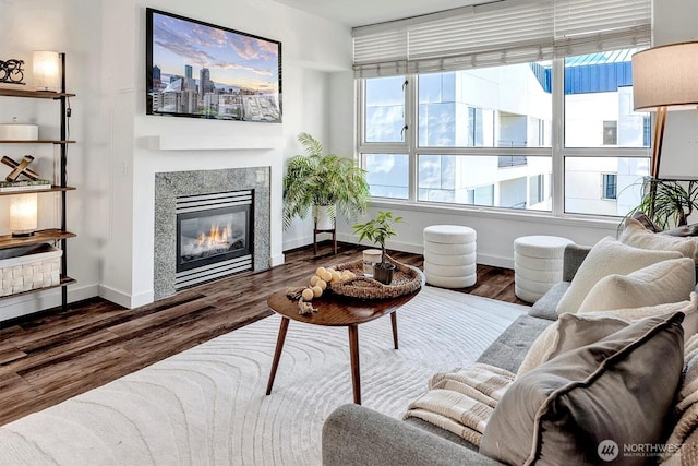 1420 Terry Ave Unit 603, Seattle, WA 98101 - living room featuring plenty of natural light, wood finished floors, and a glass covered fireplace