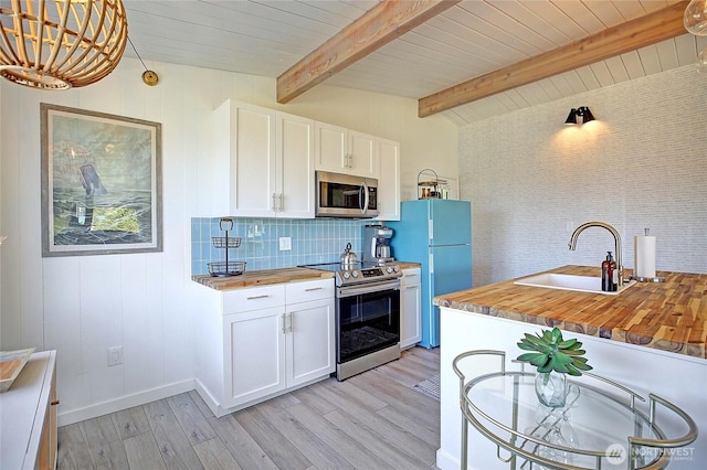 1892 Cascade View Dr, Camano Island, WA 98282 - kitchen featuring a sink, appliances with stainless steel finishes, decorative backsplash, and wood counters