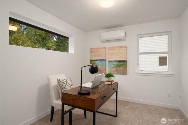 carpeted office space featuring baseboards and a wall mounted AC
