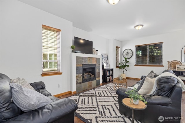 living area featuring baseboards, wood finished floors, and a fireplace