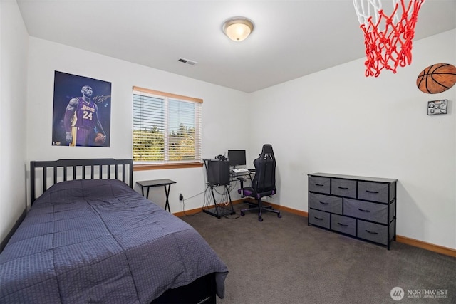 bedroom featuring carpet flooring, baseboards, and visible vents