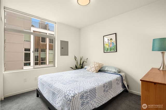carpeted bedroom featuring baseboards and electric panel