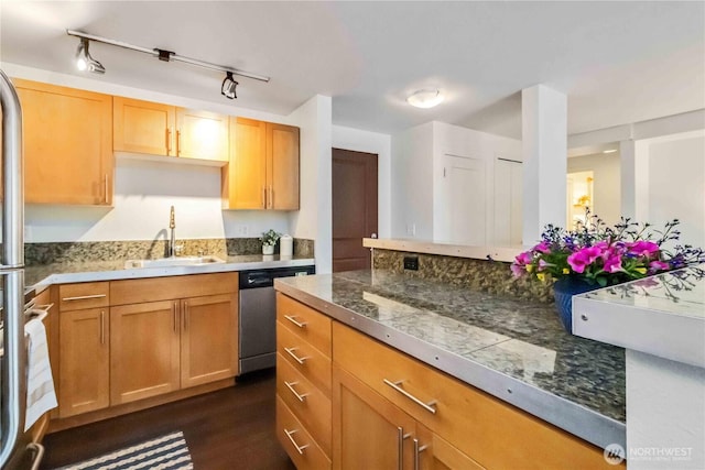3661 Phinney Ave N Unit 208, Seattle, WA 98103 - kitchen featuring stainless steel dishwasher, tile counters, dark wood-style floors, and a sink