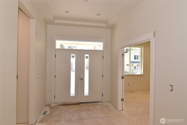 entryway featuring a tray ceiling and a wealth of natural light
