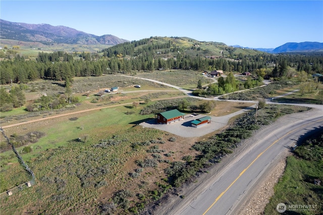 birds eye view of property featuring a view of trees and a mountain view