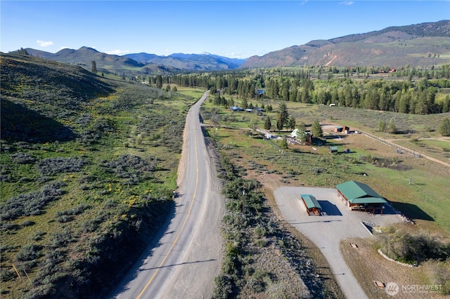 birds eye view of property with a rural view and a mountain view