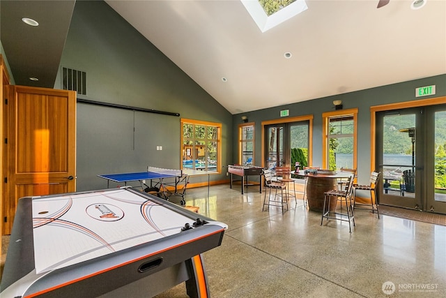 990 S Lake Whatcom Blvd Unit 9, Sedro Woolley, WA 98284 - recreation room with high vaulted ceiling, speckled floor, recessed lighting, a skylight, and visible vents